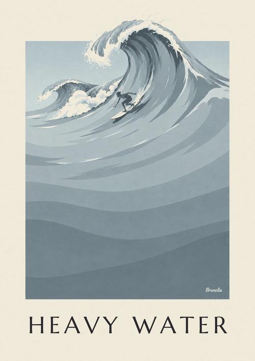 Surfer and giant wave in gray-blue monochrome poster: the full poster