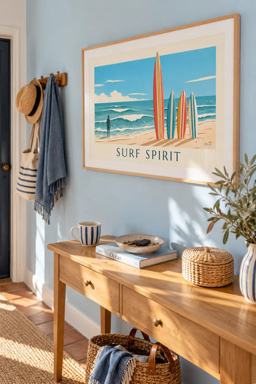 Poster of surfboards and waves, Surf Spirit: framed on the wall