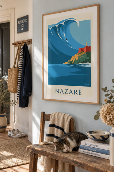 Surfer on the giant wave at Nazaré, Portugal poster: framed on the wall