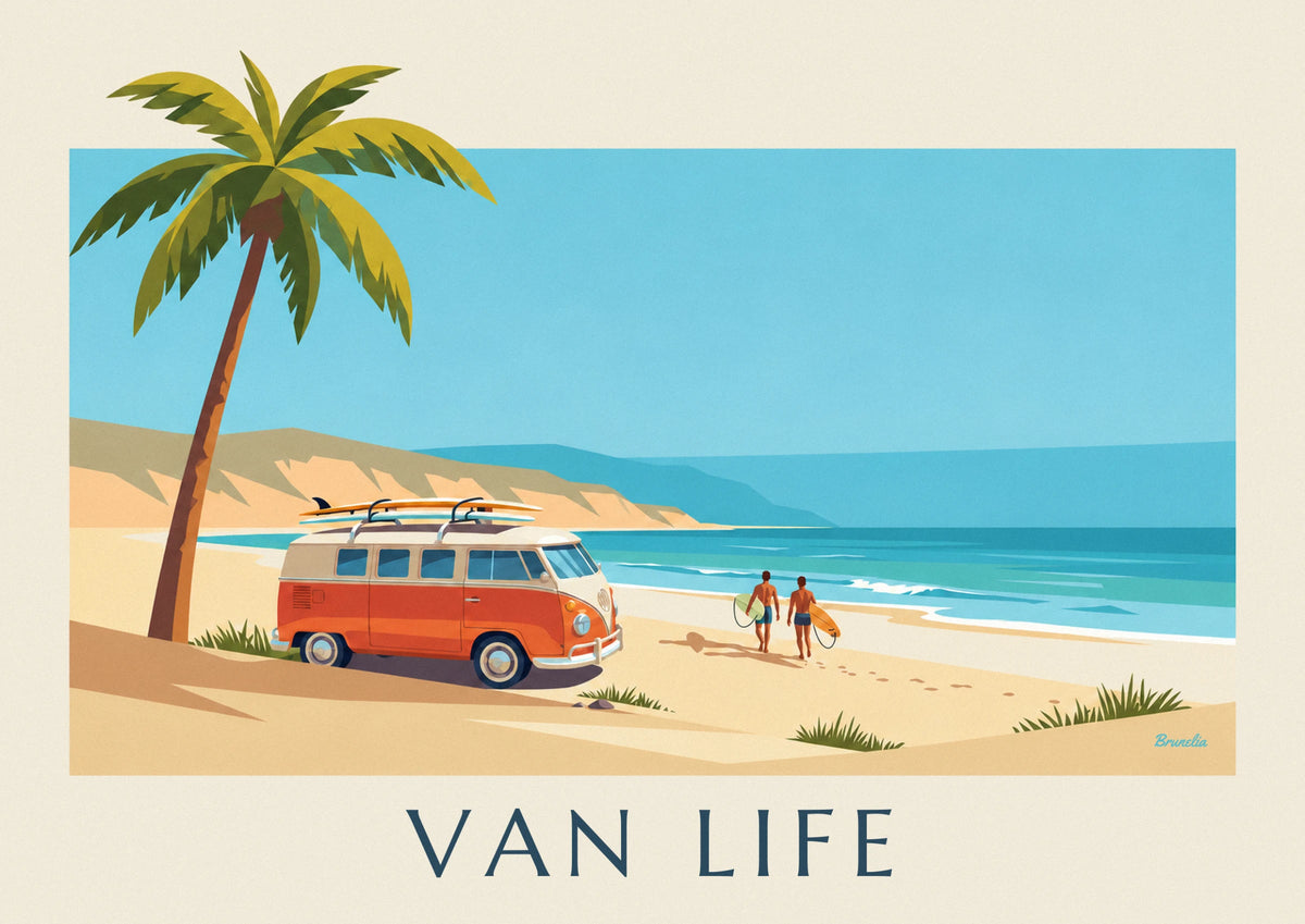 Camper van and surfers under palm trees at sunset poster