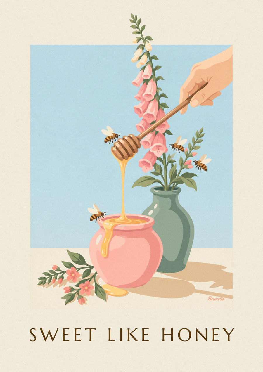 Póster tarro de miel dorada, cuchara de madera y abejas