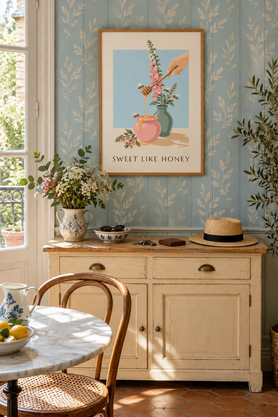 Póster de tarro de miel dorada, cuchara de madera y abejas: enmarcado en la pared