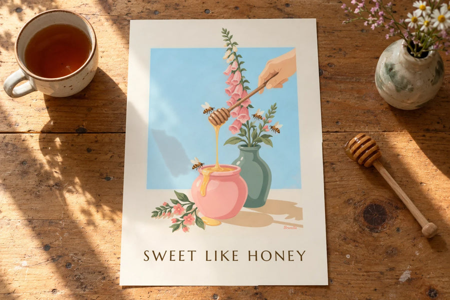 Póster de un tarro de miel dorada, cuchara de madera y abejas: colocado sobre una mesa
