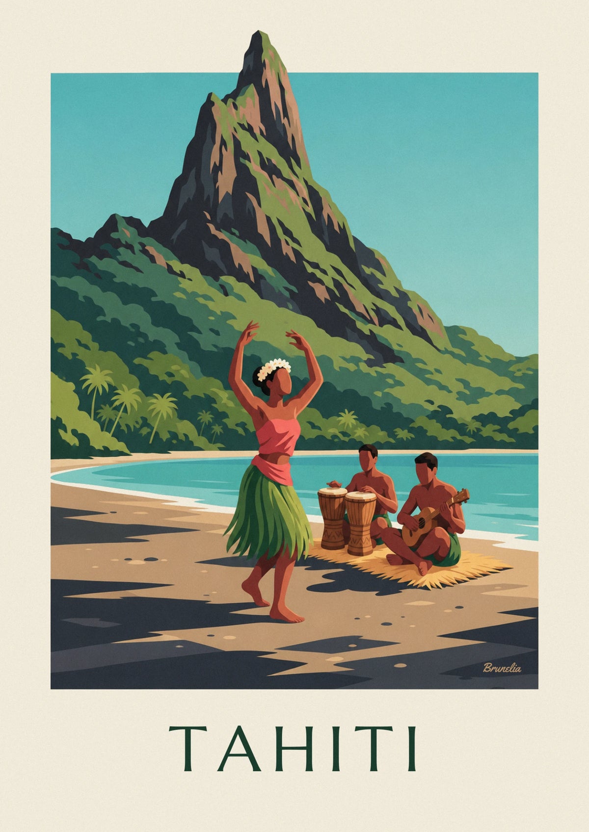 Tahitian beach dancer and musicians poster
