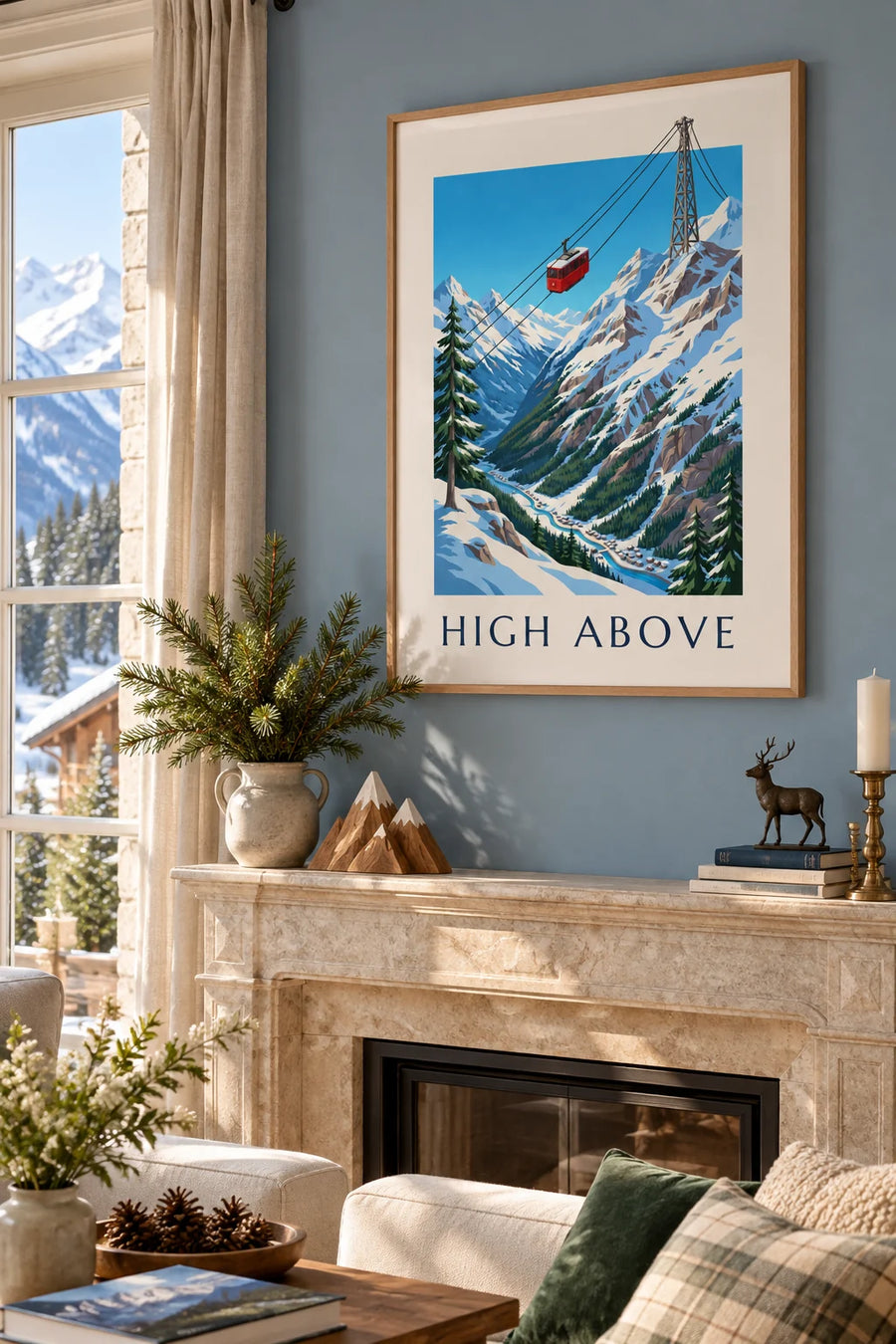 Póster de cabina de teleférico roja sobre montañas nevadas: enmarcado en la pared