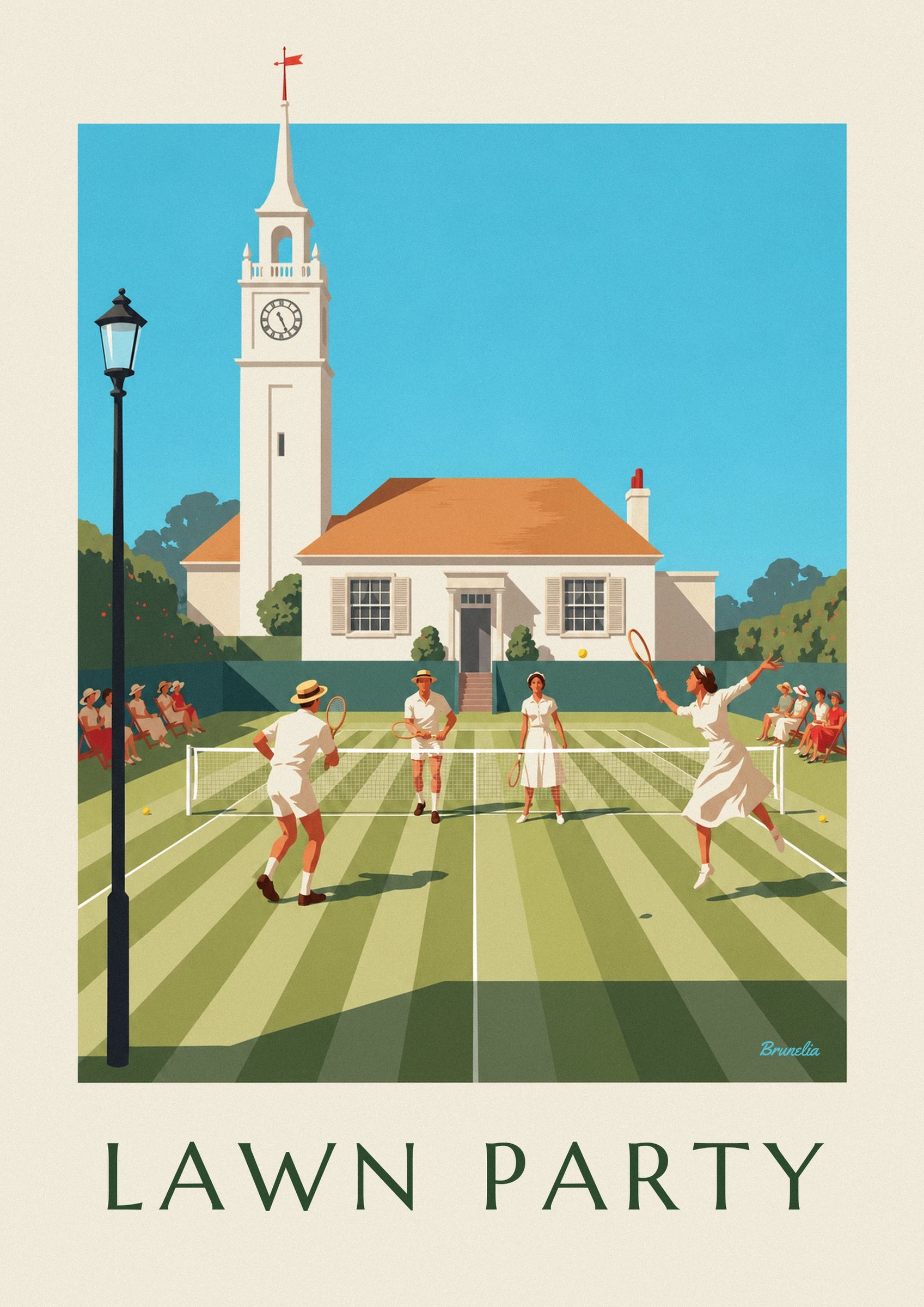 Mixed doubles grass court tennis match and clubhouse poster: close-up detail