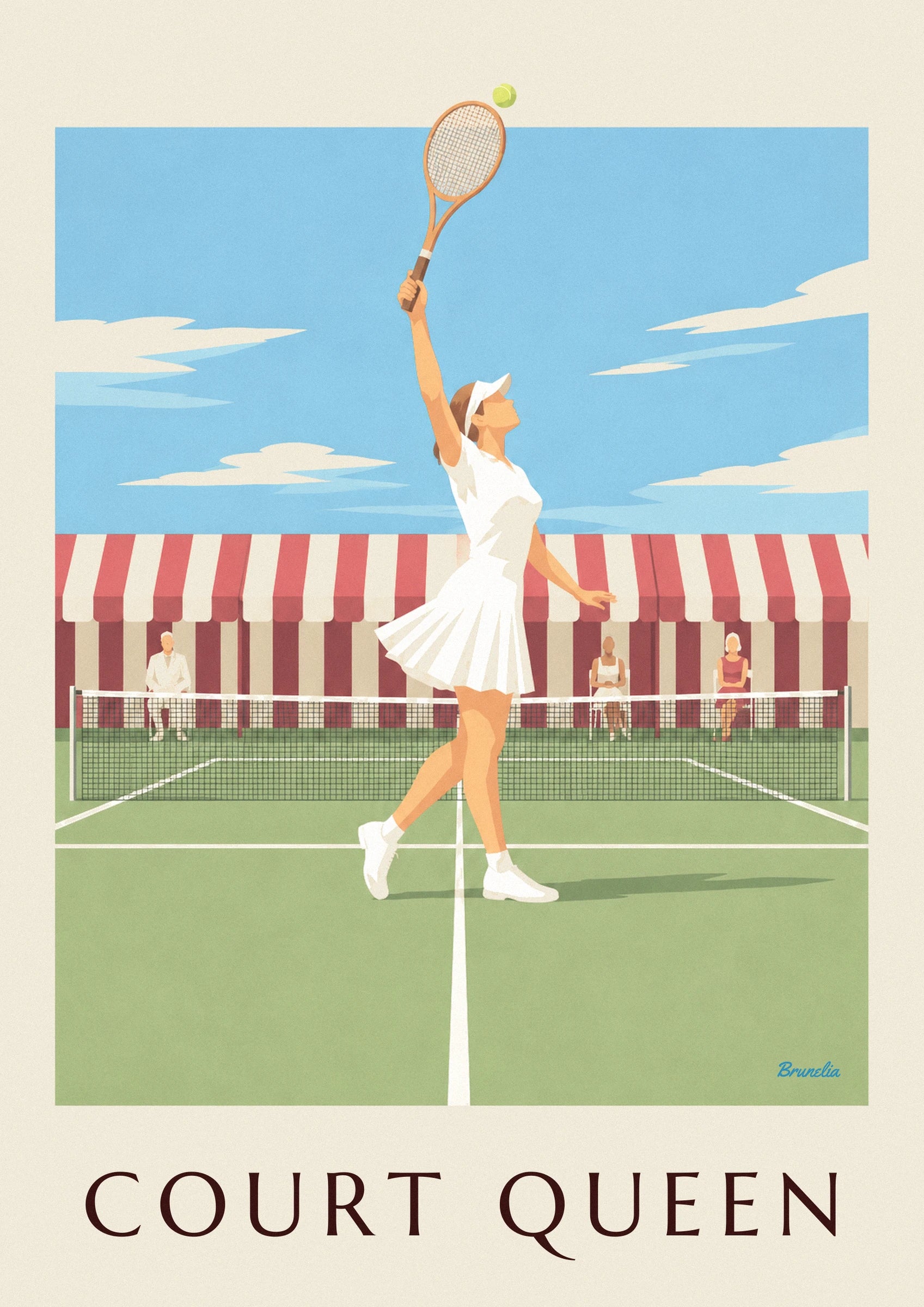 Póster jugadora de tenis con falda plisada y visera sobre hierba: detalle en primer plano