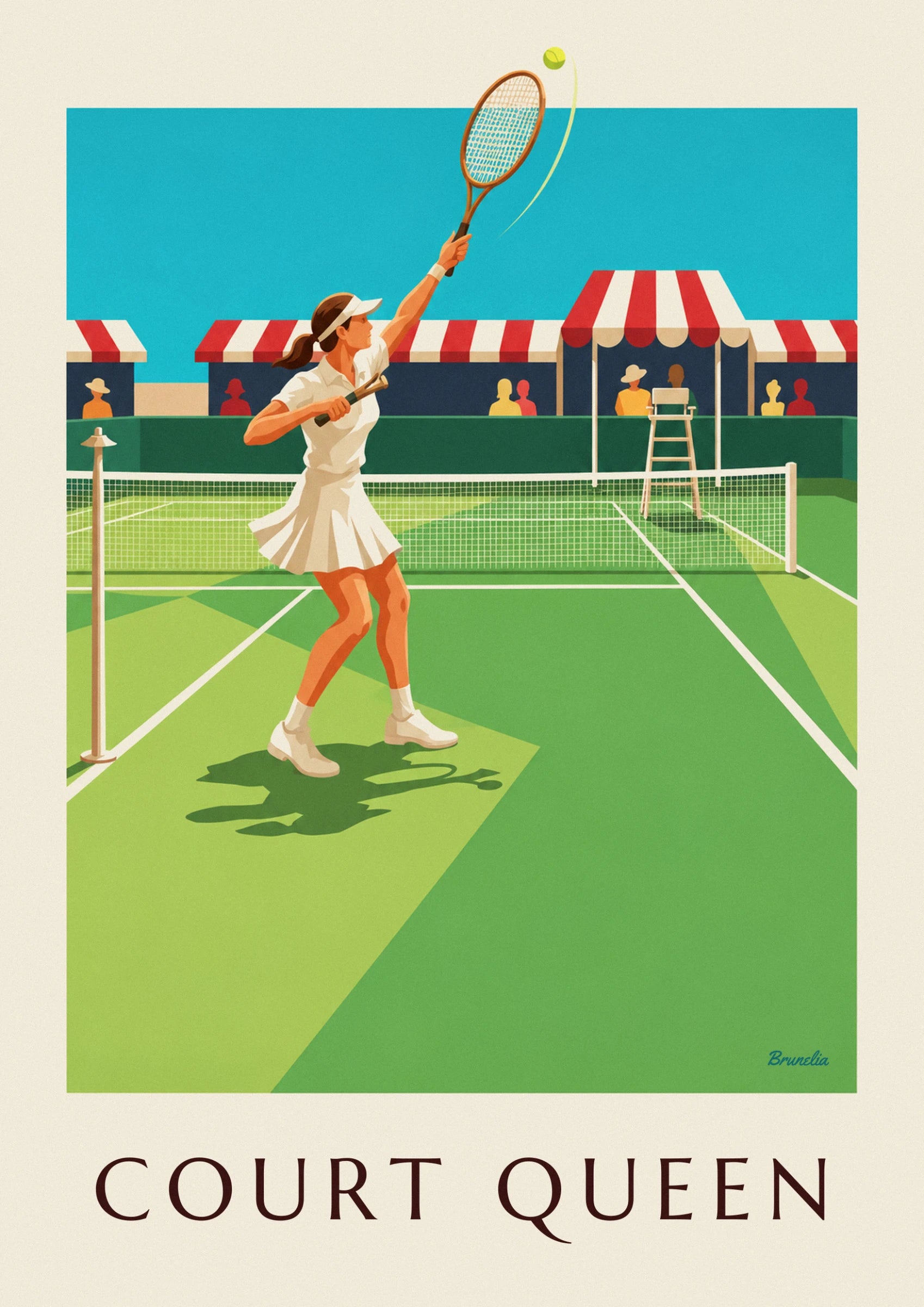 The umpire's chair in front of the stands with their red and white awning, beneath a turquoise sky