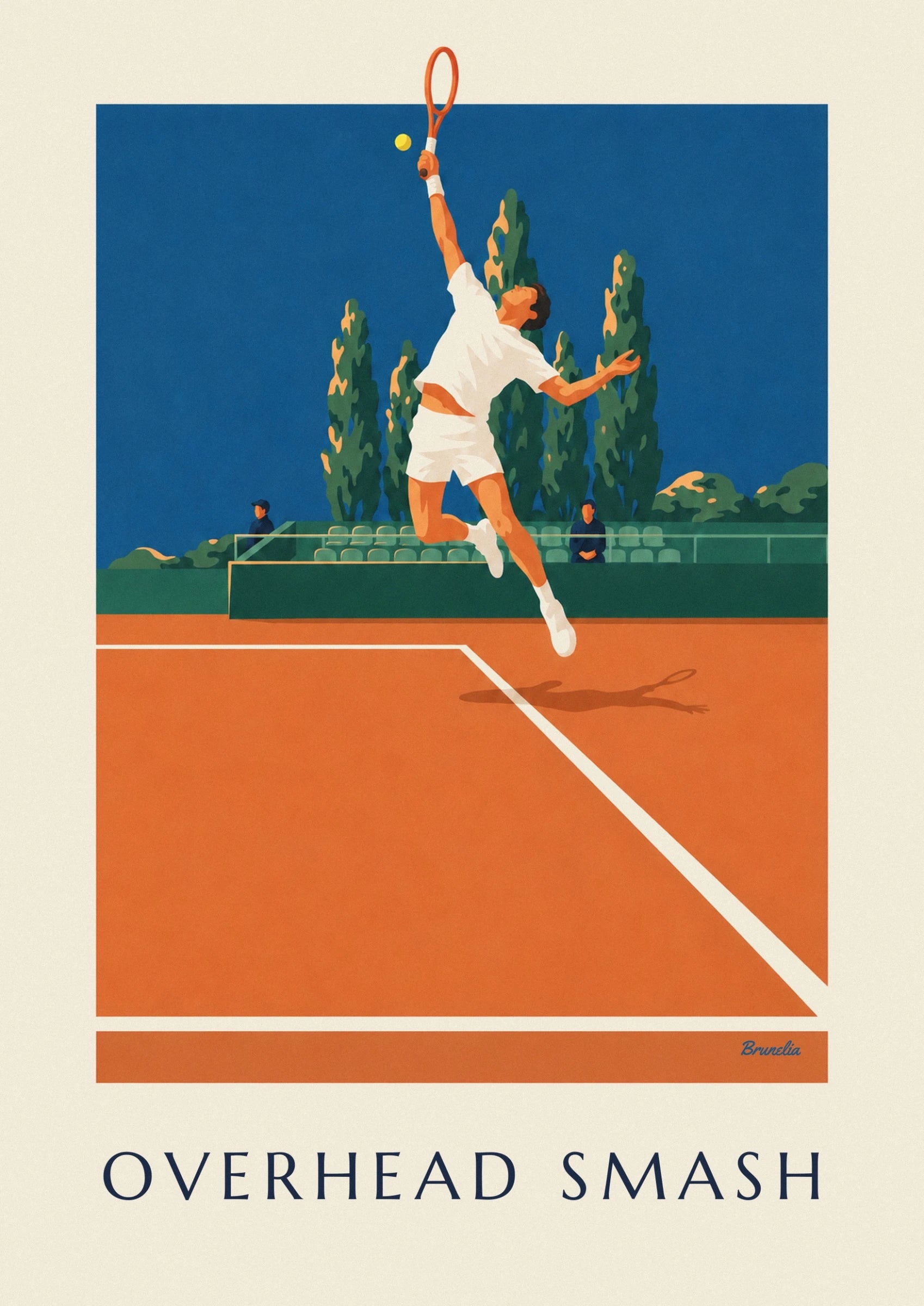 Affiche joueur de tennis en plein smash sur terre battue : détail en gros plan