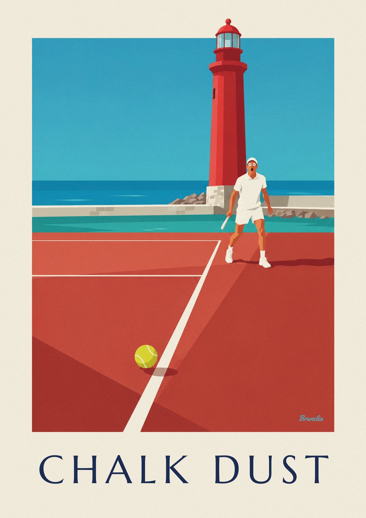 Tennis ball on the line and stunned player by a lighthouse poster