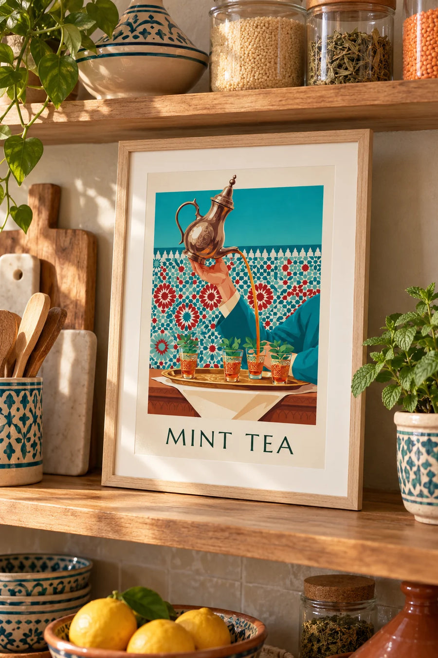 Póster de té a la menta servido en vasos cincelados: formato pequeño A4 enmarcado