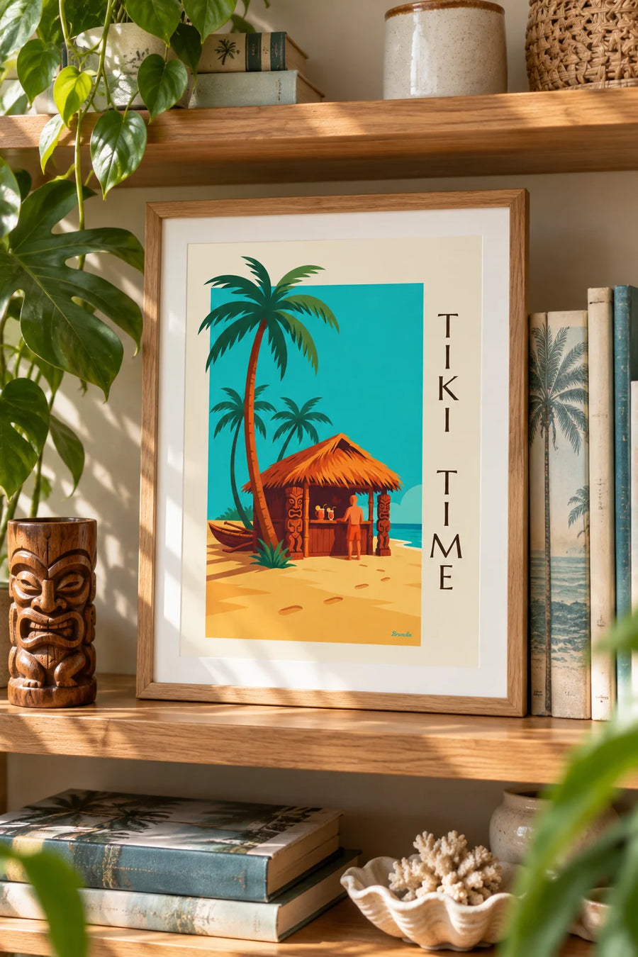 Póster de un bar tiki tropical en la playa y palmeras: formato pequeño A4 enmarcado