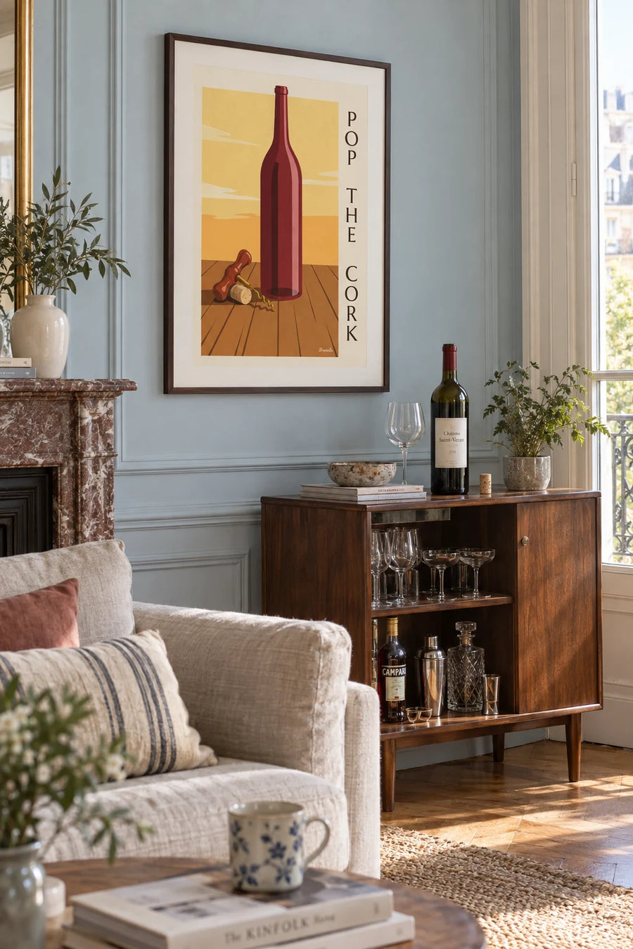Poster of a vintage corkscrew and wine bottle: framed on the wall