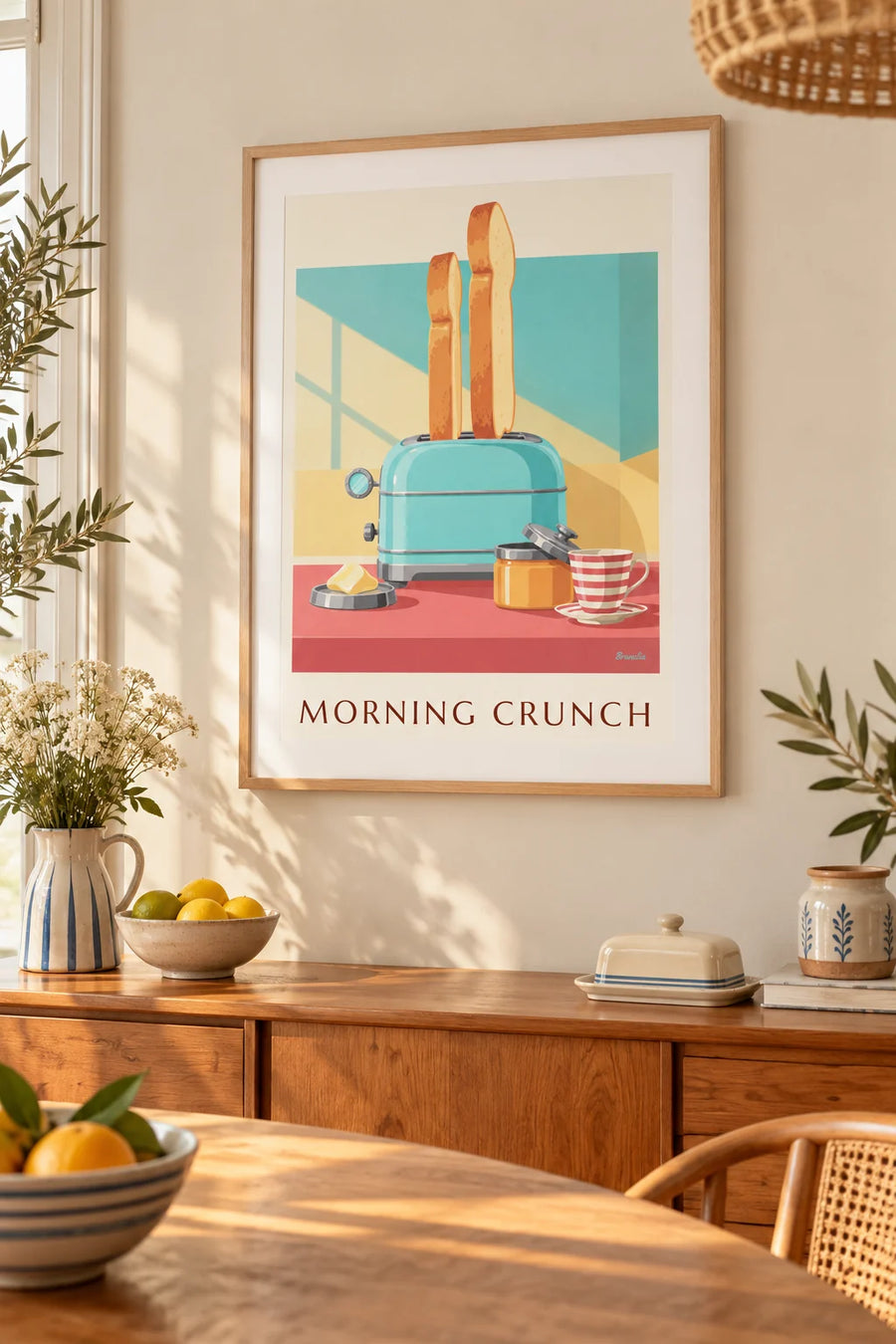 Póster de tostadora turquesa y tostadas doradas en el desayuno: enmarcado en la pared