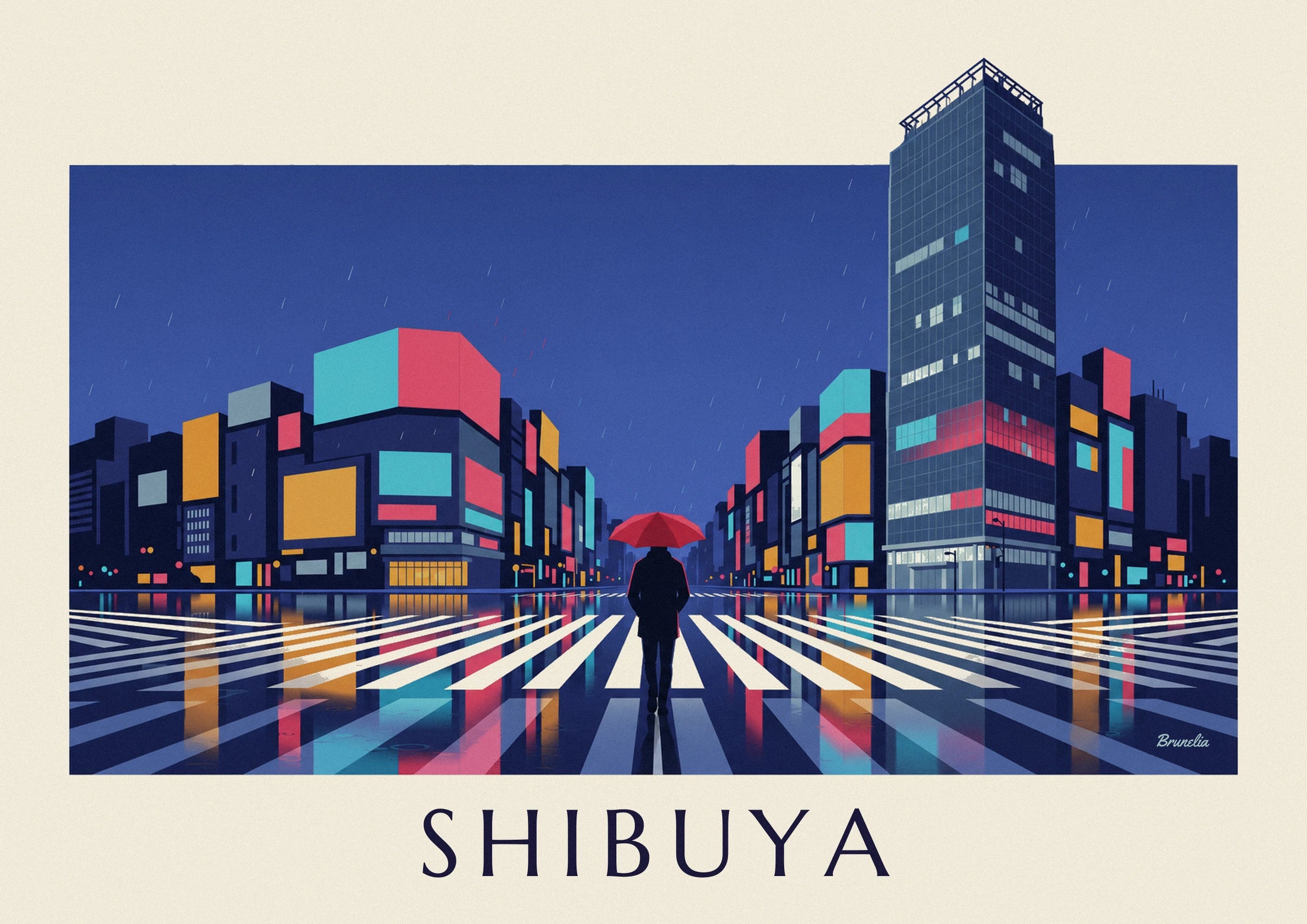 Rainy night Shibuya crossing poster: close-up detail