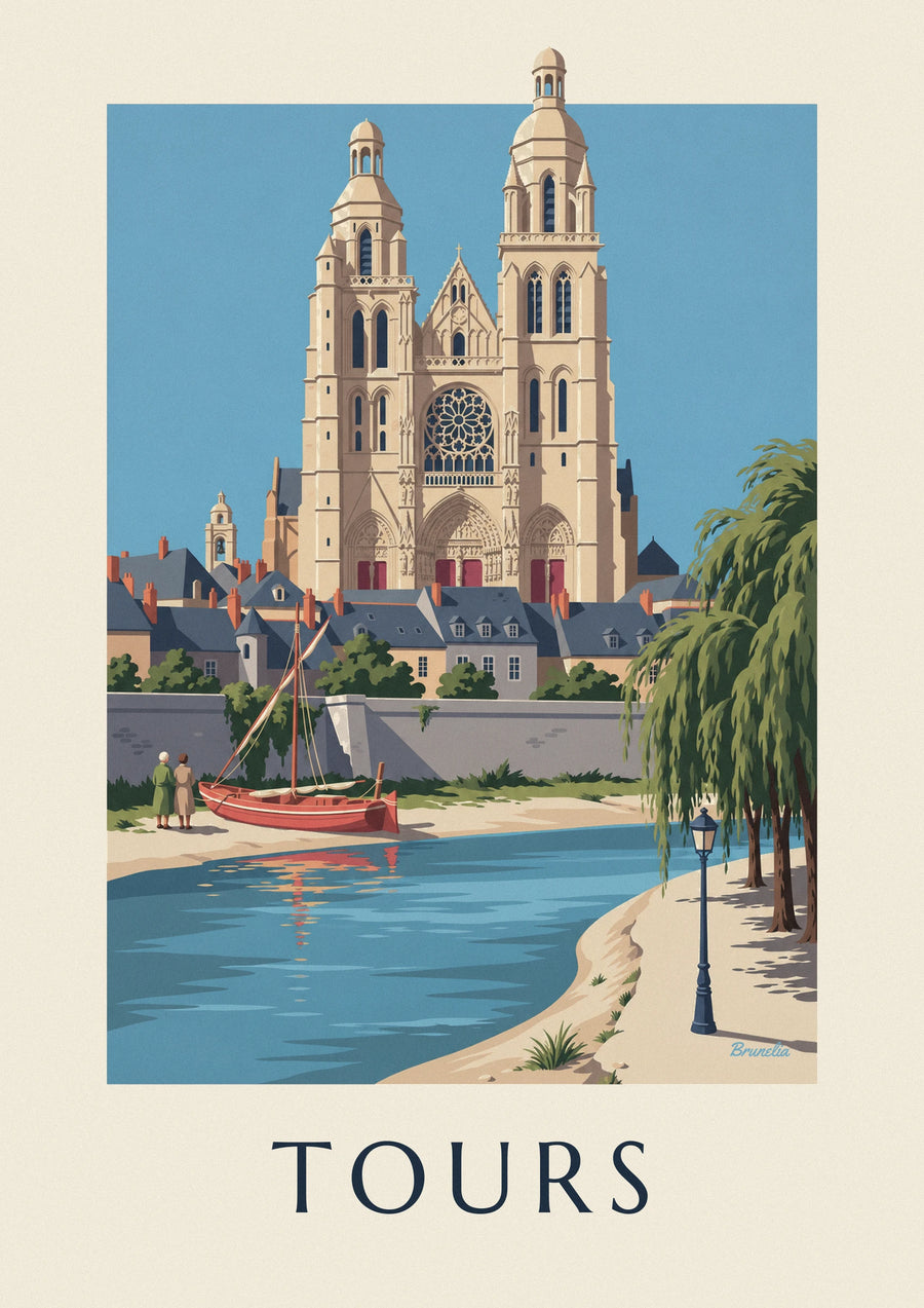 Tours cathedral and Loire riverbank poster