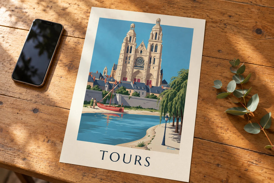 Póster de la catedral de Tours y las orillas del Loira: apoyado sobre una mesa