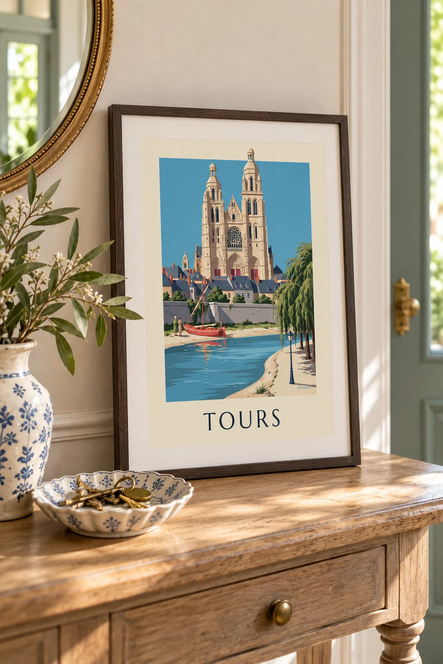 Póster de la catedral de Tours y las orillas del Loira: formato pequeño A4 enmarcado