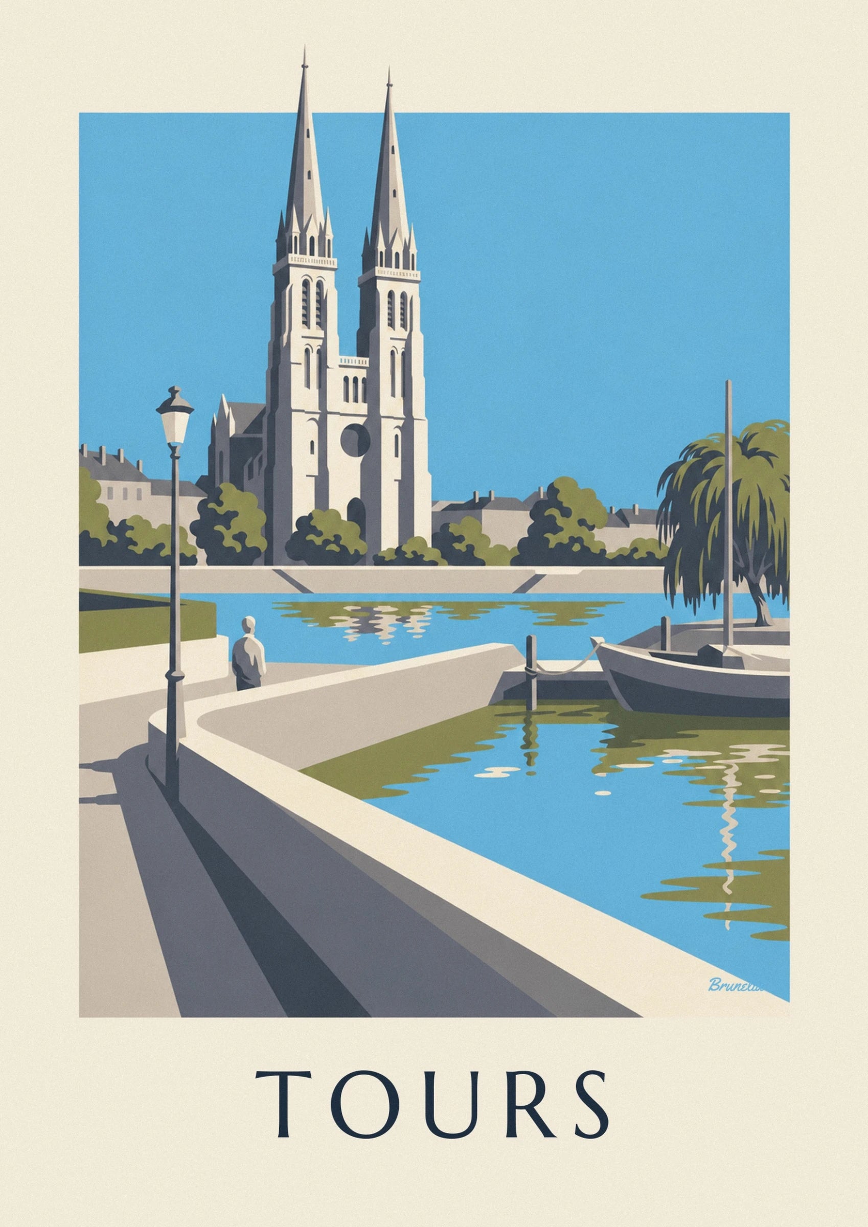 The 2 spires of the cathedral of Tours above the trees and rooftops