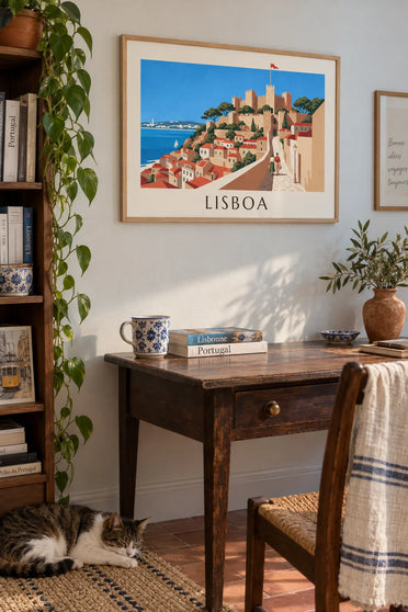 Póster castillo de San Jorge y tejados de Alfama en Lisboa: enmarcado en la pared