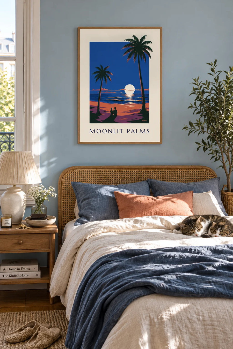 Póster de palmeras bajo la luna llena junto al océano: enmarcado en la pared