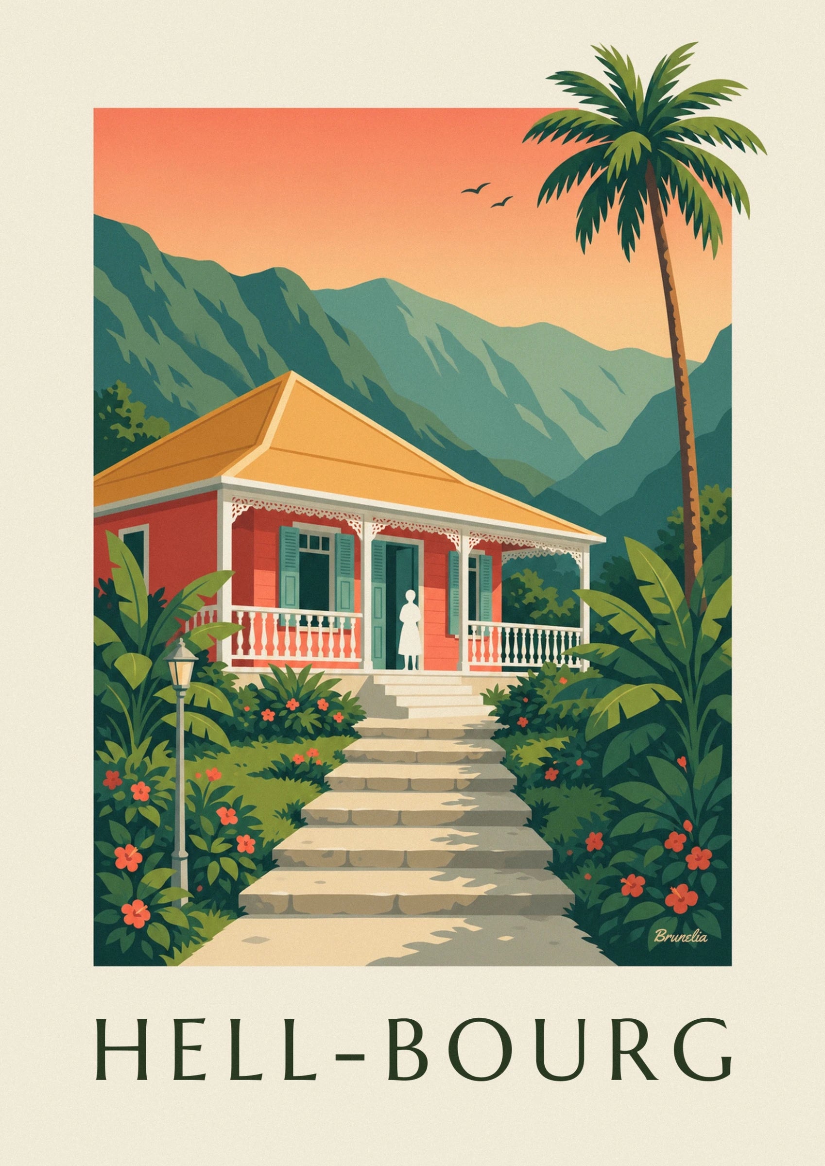 The red cottage with green shutters, white decorative trim and an orange roof
