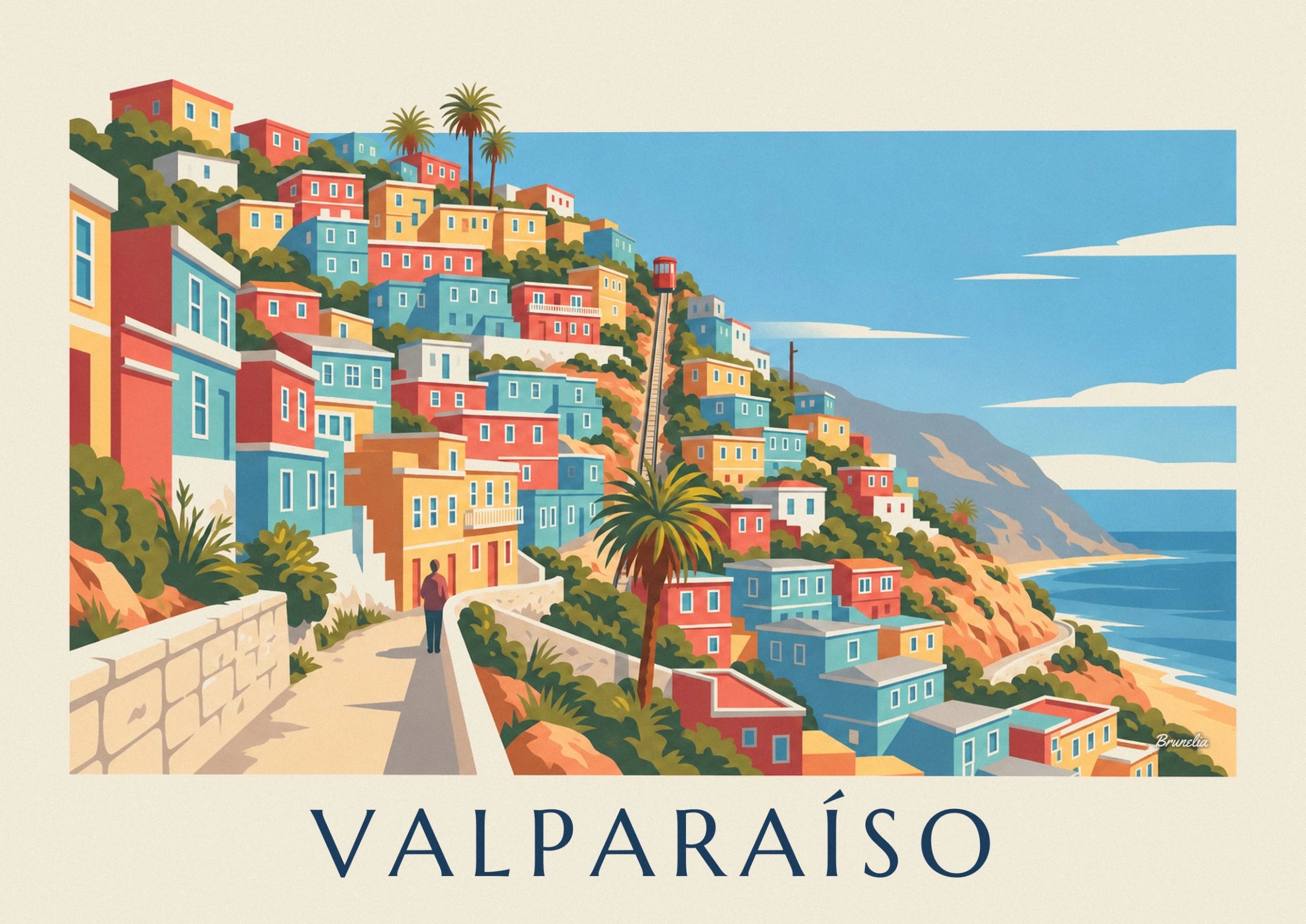 El funicular rojo en sus empinados raíles, entre las casas de colores de Valparaíso
