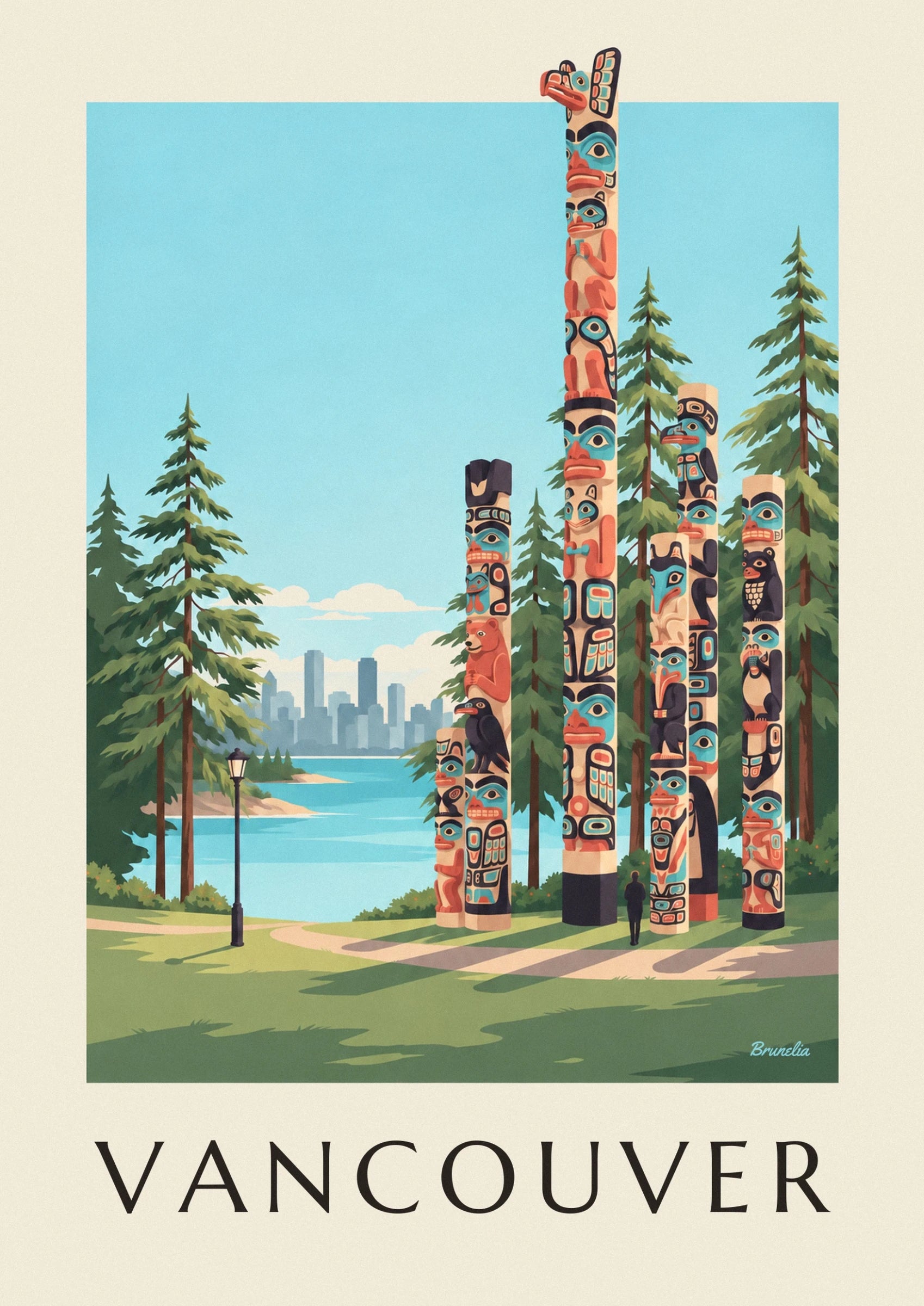 Un haut totem aux figures rouges et turquoise, près d’un conifère sur fond de ciel bleu