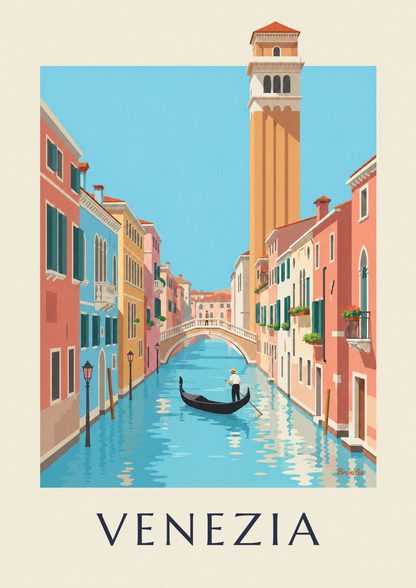 Le gondolier en chemise blanche et chapeau de paille, sur sa gondole noire