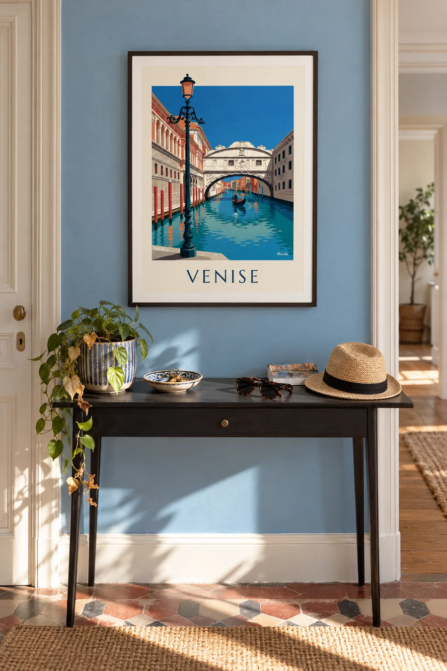 Póster de una góndola bajo el Puente de los Suspiros, en Venecia: enmarcado en la pared