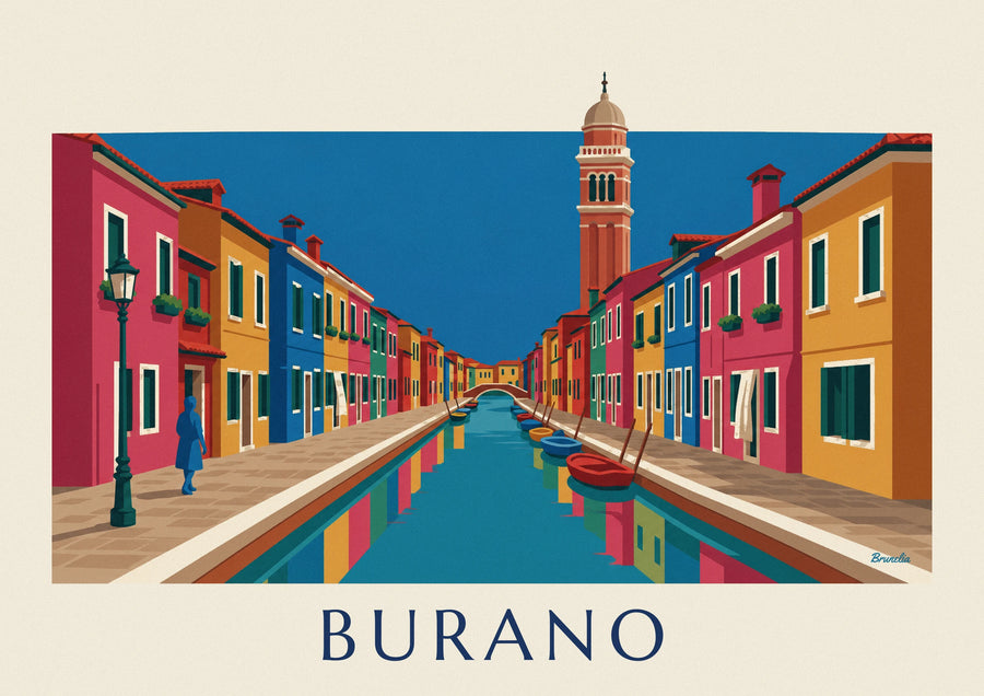Póster canal y casas de colores de Burano, campanario inclinado