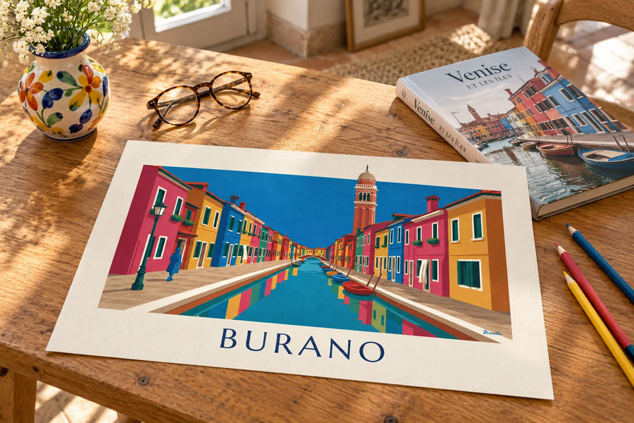 Póster de canal y casas de colores de Burano, con el campanario inclinado: apoyado sobre una mesa