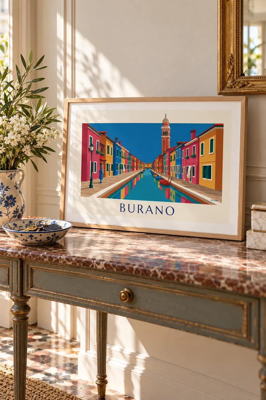 Póster canal y casas de colores de Burano, campanario inclinado: formato pequeño A4 enmarcado