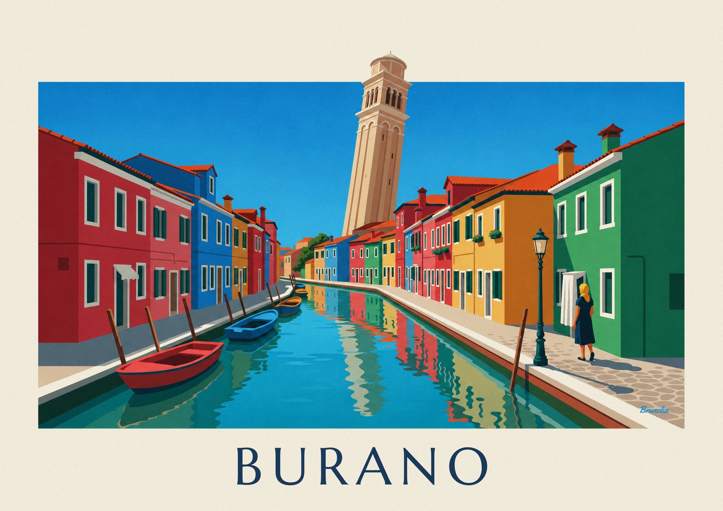 The leaning bell tower of Burano above the colourful houses, beneath the blue sky