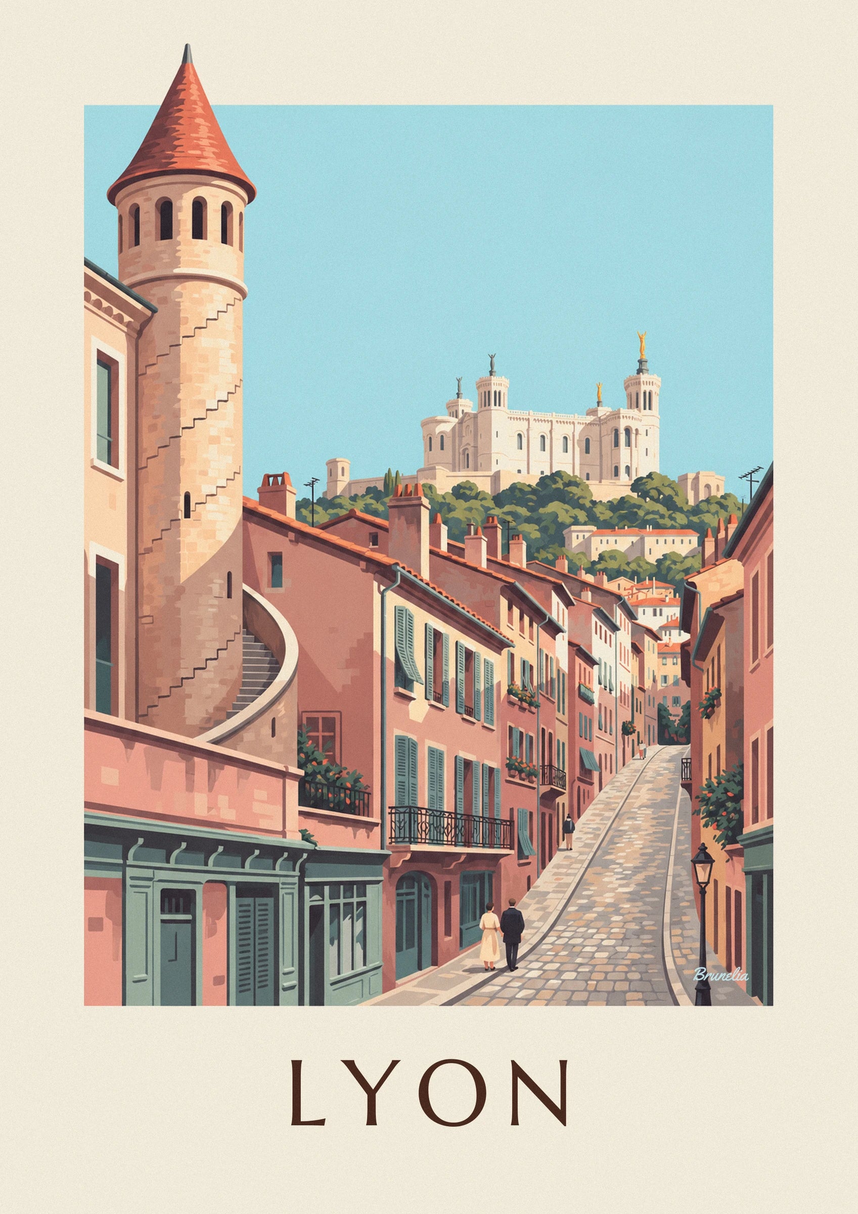 Vieux Lyon Renaissance facades and Fourvière poster: close-up detail