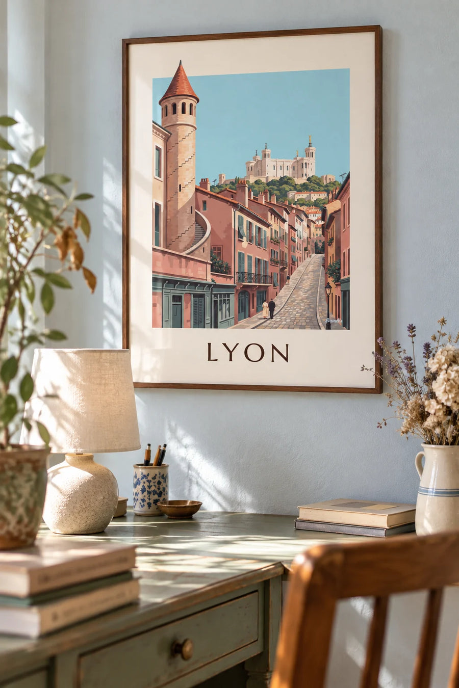 Póster de fachadas renacentistas del Vieux Lyon y Fourvière: enmarcado en la pared