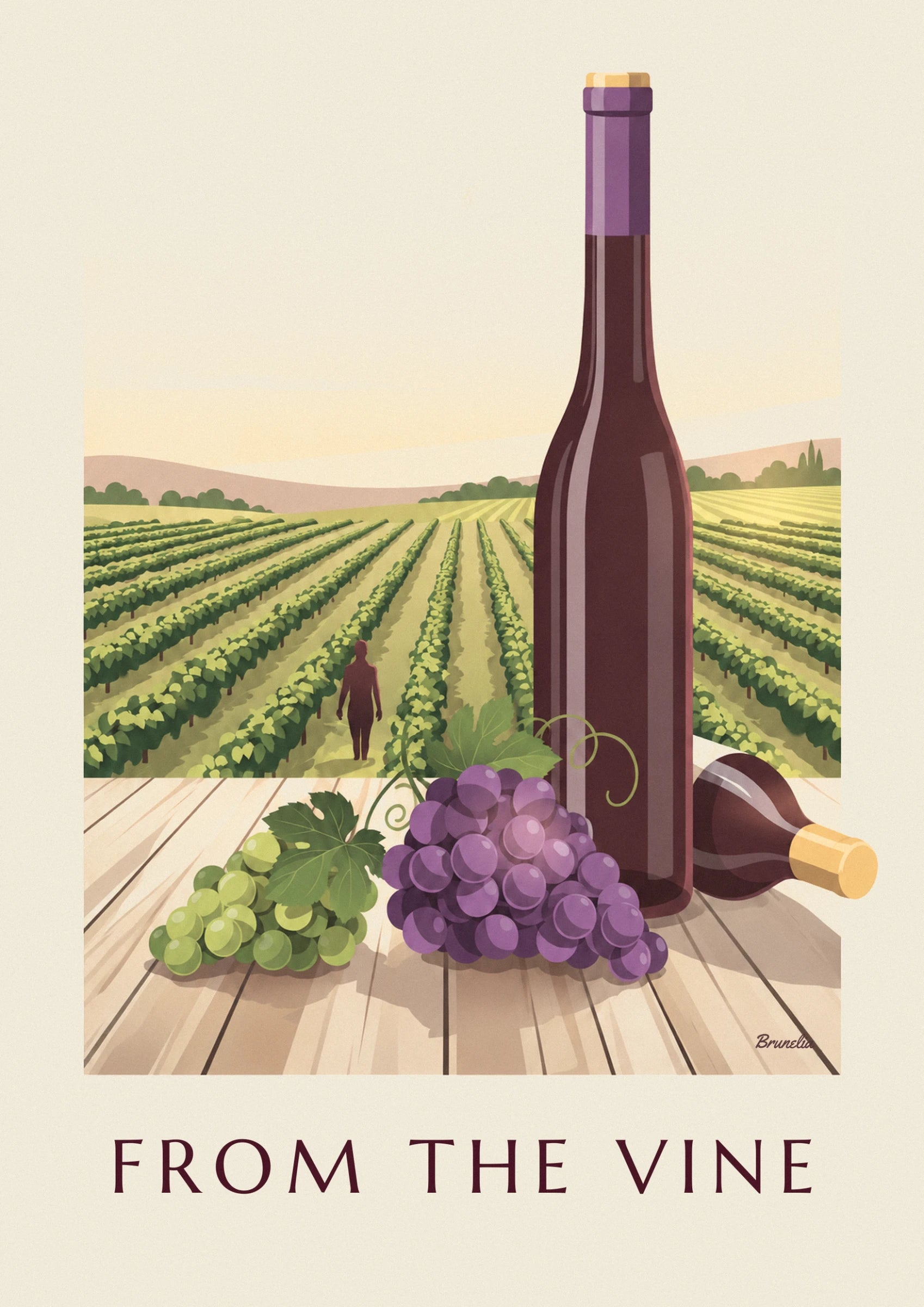 A bunch of black grapes in front of a bottle of red wine, beside the vines