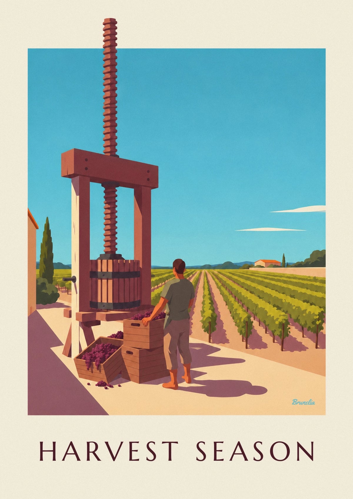 Wooden grape press at harvest time poster