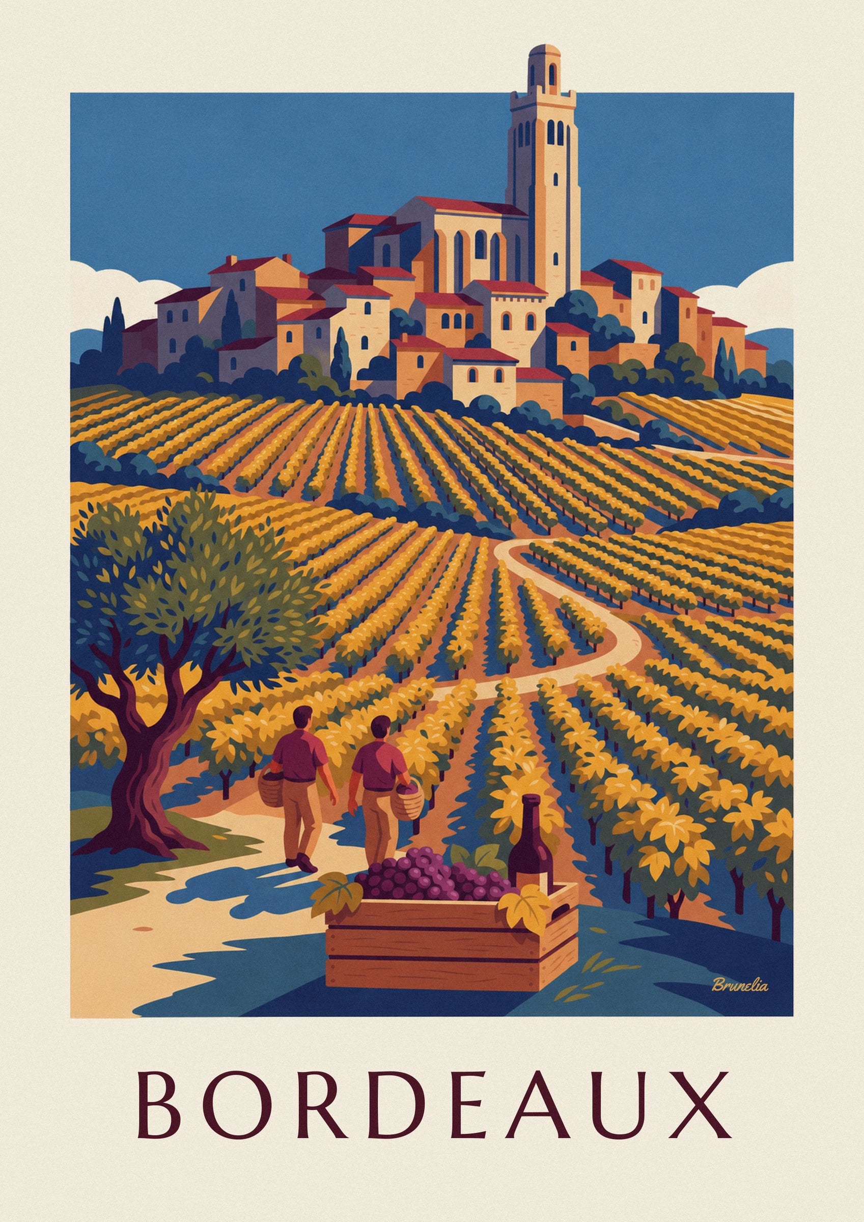 Le village aux toits rouges et son clocher de pierre, au-dessus des vignes