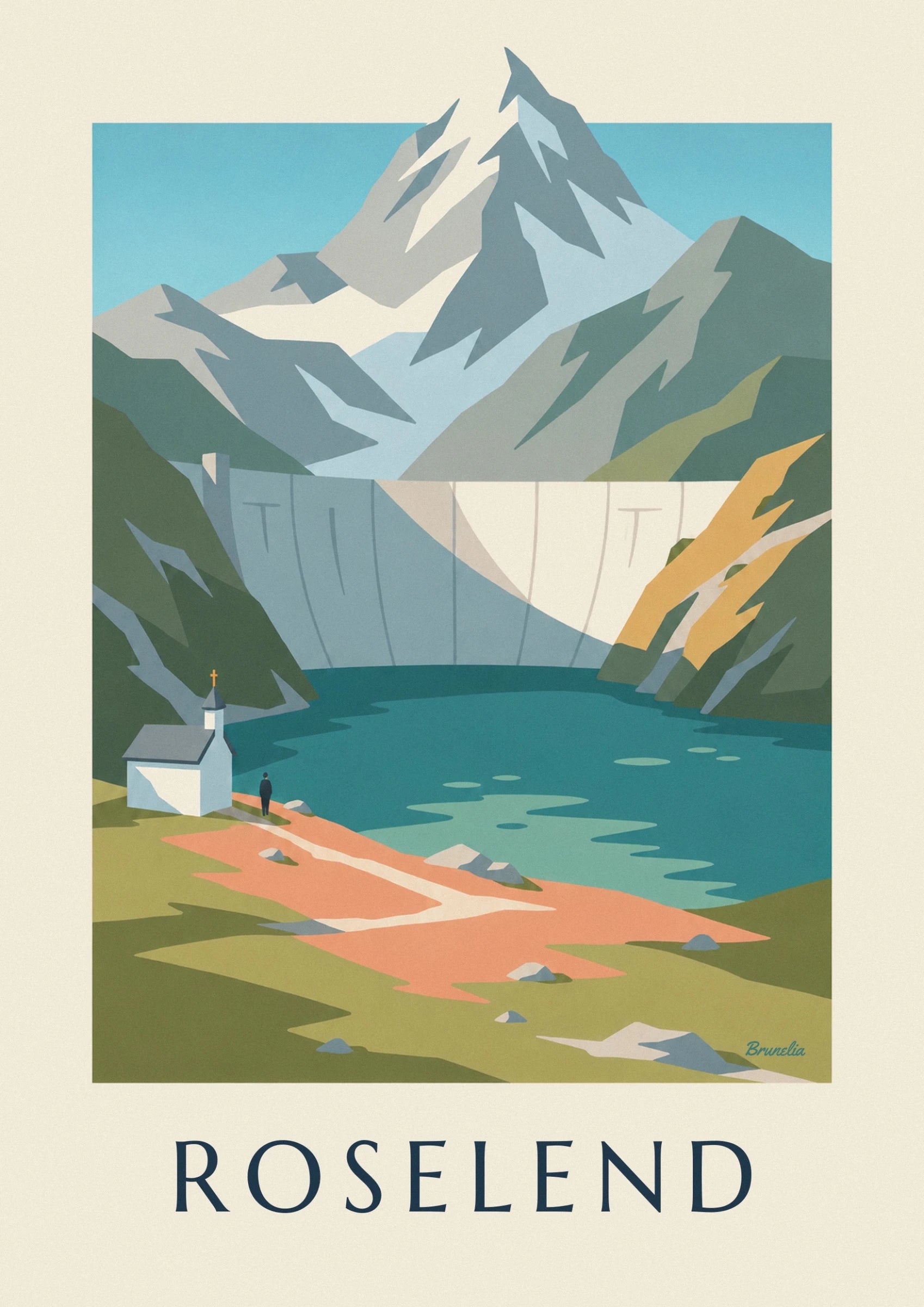 The dam with pale walls between rocky slopes and turquoise waters