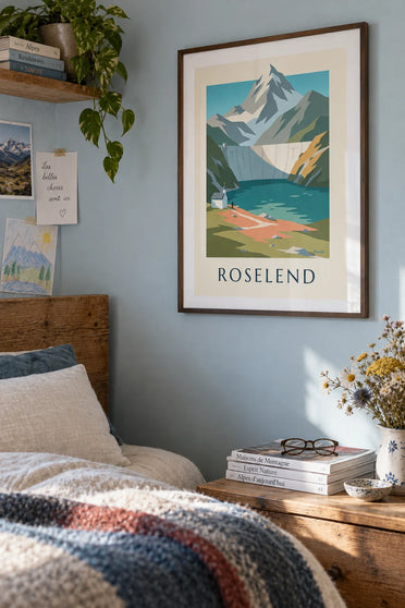 Póster del lago de Roselend y su presa en Saboya: enmarcado en la pared