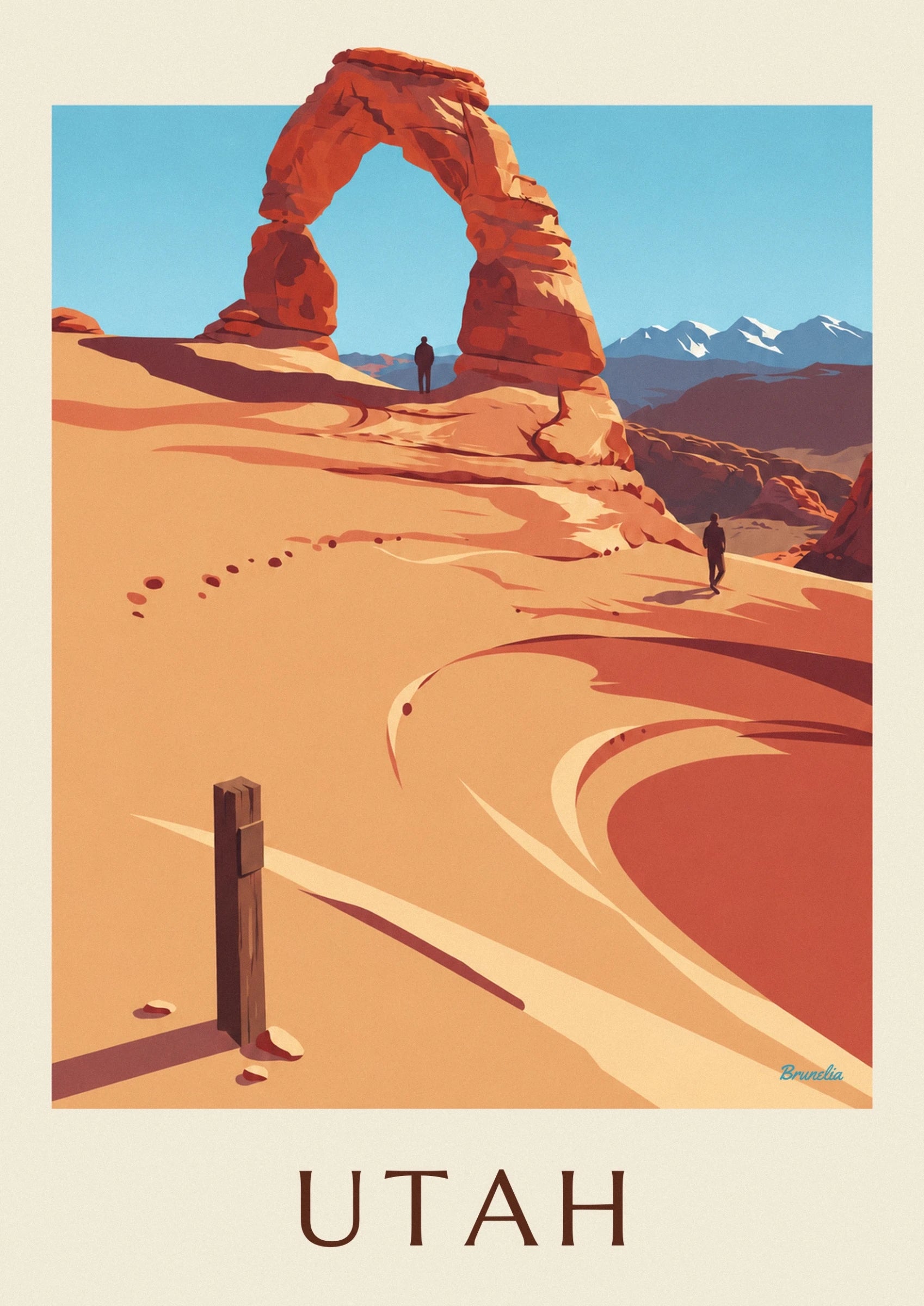 L’arche de grès rouge de Delicate Arch et un personnage sous le ciel bleu