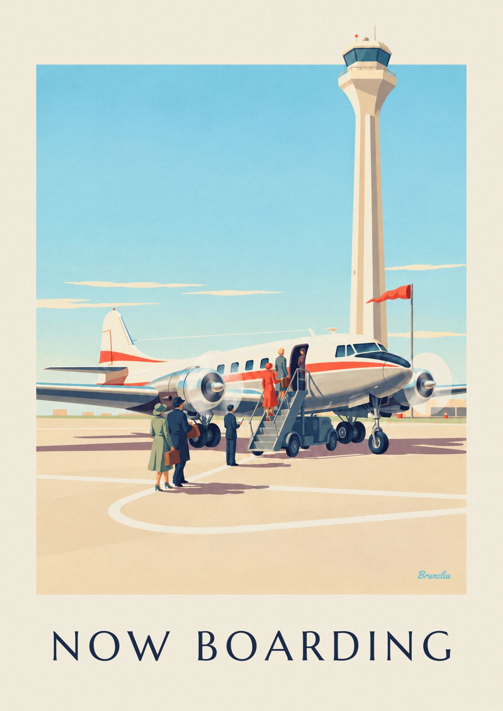 Passengers in red and grey coats climbing the steps to the propeller plane, on the tarmac