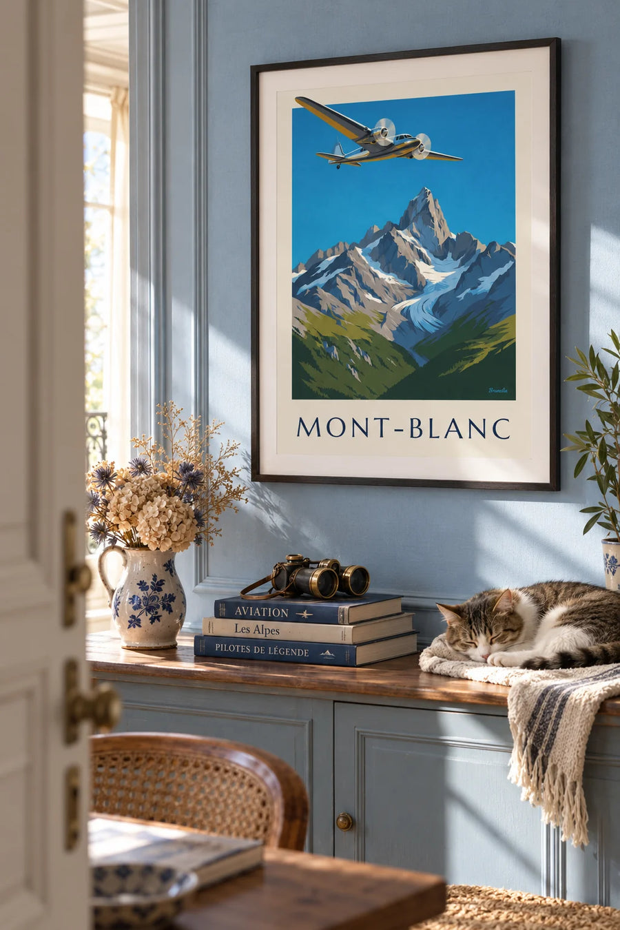 Poster of a twin-engine plane flying over the glacier of the Mont Blanc massif: framed on the wall