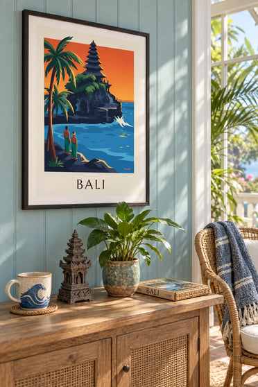 Poster of the Tanah Lot temple in Bali at sunset: framed on the wall