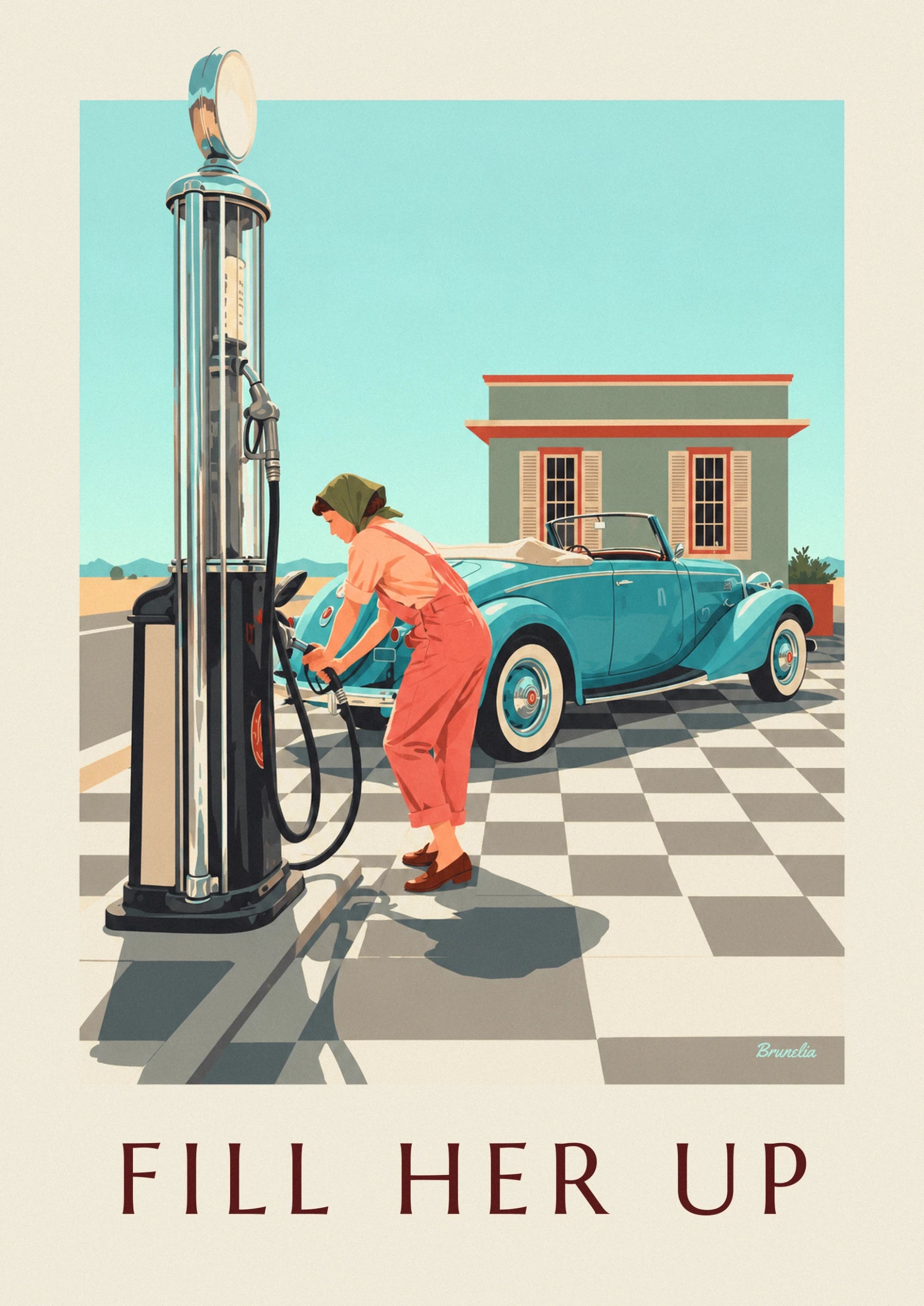 The pin-up in a green headscarf and coral dungarees filling up the turquoise convertible
