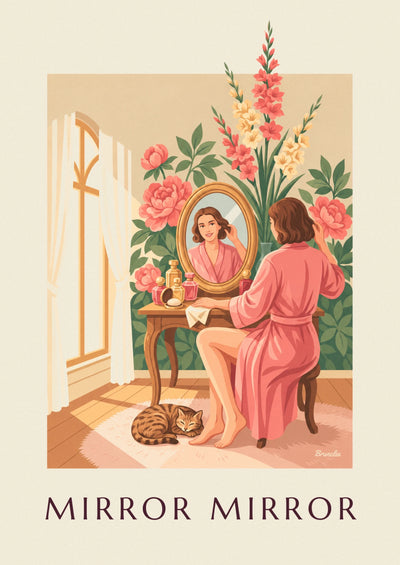 Póster de mujer ante el espejo del tocador sobre fondo floral: el póster completo
