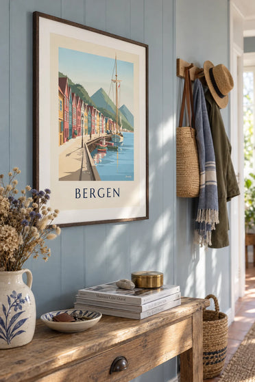 Poster of the Hanseatic houses of Bryggen on the Bergen fjord: framed on the wall