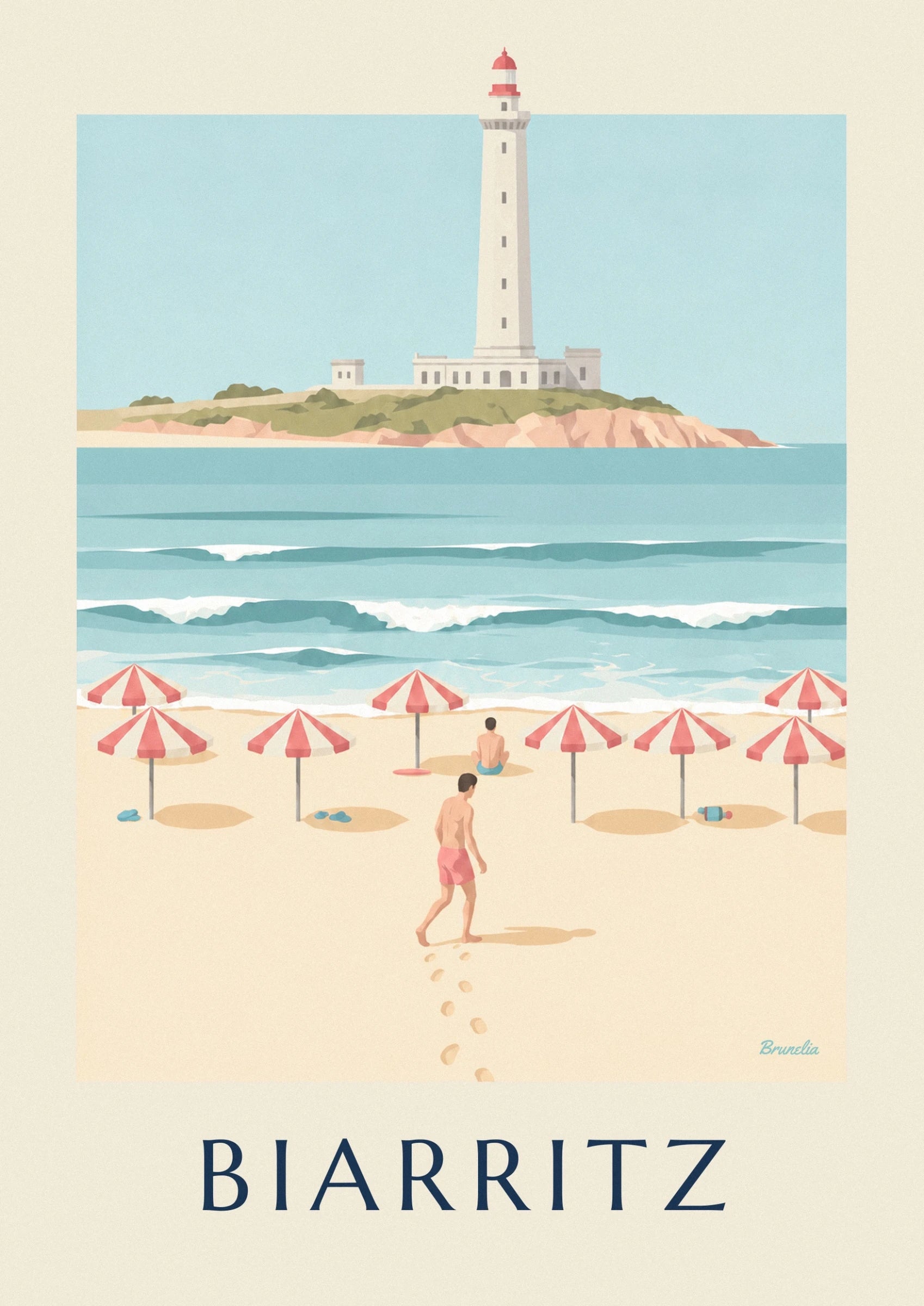 Le phare blanc à sommet rouge et ses bâtiments au pied, face à la mer turquoise