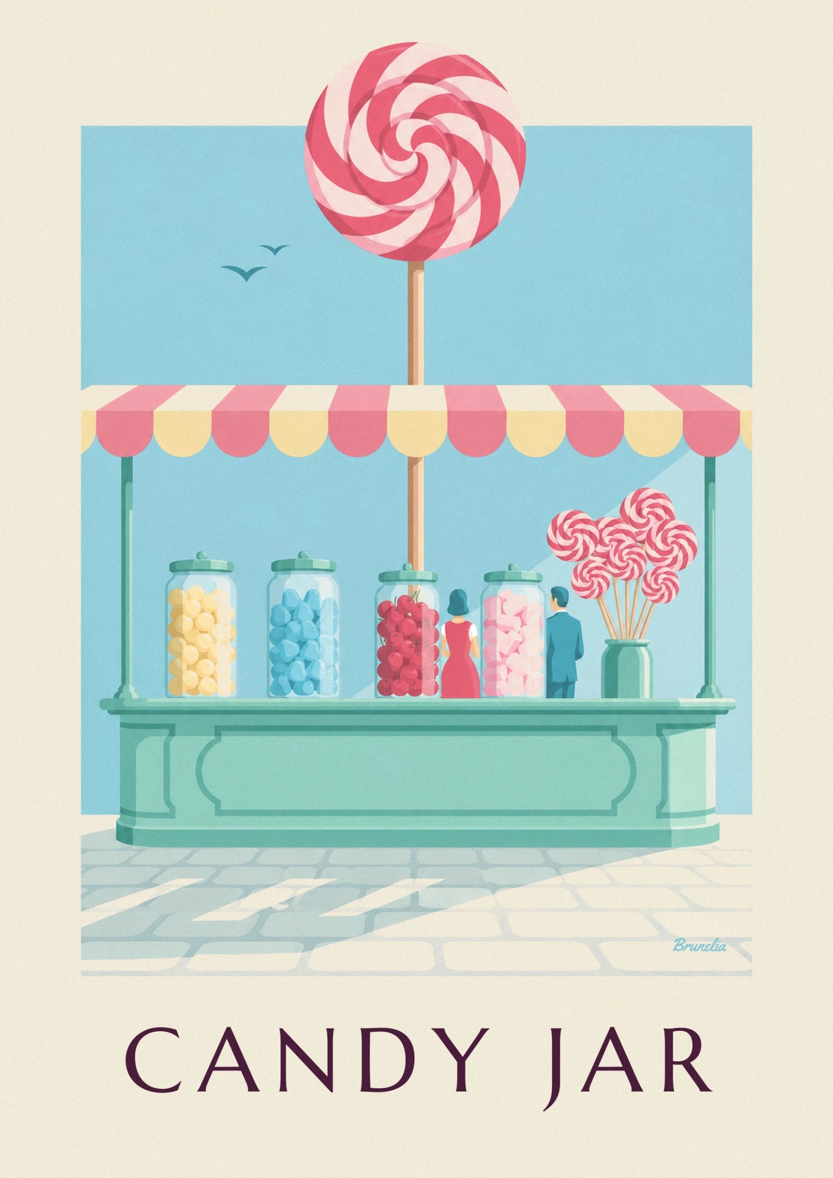 A round lollipop with pink and cream swirls on a golden stick